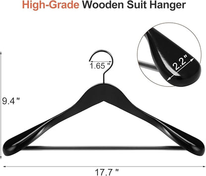 TOPIA HANGER Black Wooden Coat Hanger 6 Pack, Wide Shoulder Wood Suit Hangers with Extra-Thick Flat Hooks & Anti-Slip Pants Bar, Heavy Duty Clothes Hangers,Glossy Finish, Black-CT02H