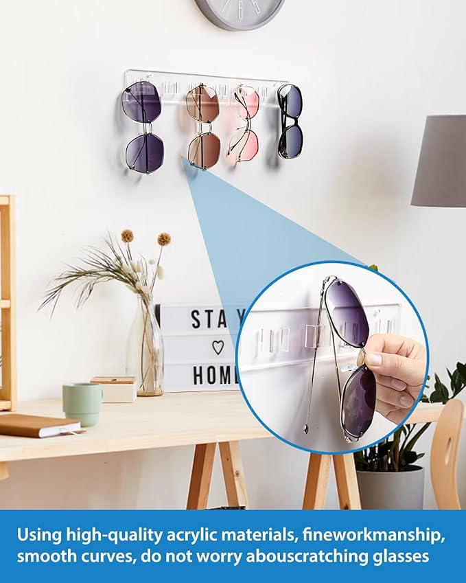Sunglasses Holder Organizer, 2 Pack Acrylic Sunglasses Organizer Wall Mounted Eyeglasses Display Holder Eyewear Glasses Hanging Rack for Entryway Living Room Bedroom(transparent)