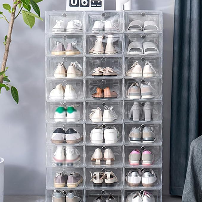 4pcs Stackable Shoe Storage Boxes with Thickened Foldable Drawers, 33X24X14Cm Organizer for Cabinets and Closet Sneaker Storage