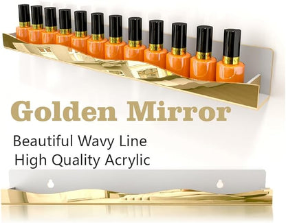 YMVV Wall-Mounted Nail Polish Organizer Rack - 15-Inch Gold Mirror Finish Nail Polish Shelf, Makeup & Beauty Essentials Storage - Multi-Purpose Display Holder for Small Space, Vanity Bathroom, 6 Pack