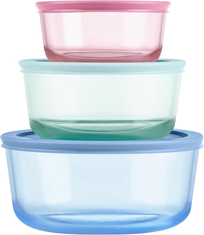 Pyrex Colors (3-Pack, Medium) Tinted Glass Round Food Storage Container Set, Snug Fit Non-Toxic Plastic BPA-Free Lids, Freezer Dishwasher Microwave Safe, 2 Cup, 4 Cup & 7 Cup