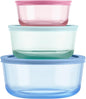 Pyrex Colors (3-Pack, Medium) Tinted Glass Round Food Storage Container Set, Snug Fit Non-Toxic Plastic BPA-Free Lids, Freezer Dishwasher Microwave Safe, 2 Cup, 4 Cup & 7 Cup
