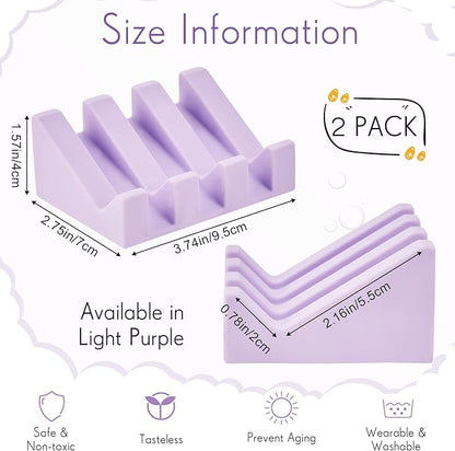 Cunhill 2 Pieces Silicone Soap Dish Self Draining Soap Dish Shower Waterfall Bar Soap Holder Tray with Drain Soap Saver for Kitchen Bathroom Accessories (Light Purple)