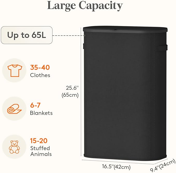 Lifewit Slim Laundry Basket with Lid, Narrow Large Laundry Hamper with Plastic Handles and Removable Bag, Tall Foldable Dirty Clothes Hampers for Laundry Room, Bedroom, Bathroom, Dorm, 65L Black