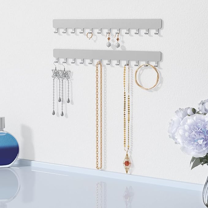 Necklace Holder Wall Organizer - Jewelry Hanging Hooks for Necklaces, Bracelets, Earrings - Easy Stick-On Installation - Space-Saving Metal Design, Silver