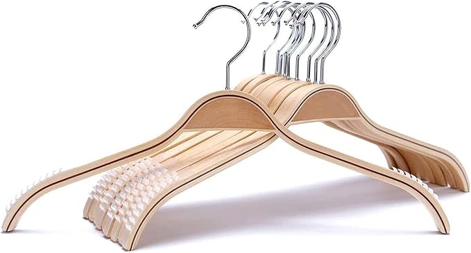 JS Hanger Lightweight Non Slip Wooden Hangers - 10 Pack Heavy Duty Wood Coat Hangers with Soft Stripes for Camisole, Jacket, Dress Clothes, Sweater, Natural Finish
