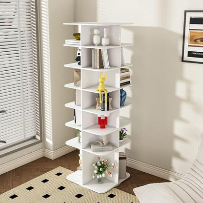 Shoe Organizer 7-Tier Spinning Shoe Rack - 360° Rotating Storage Organizer for 20-30 Pairs, Space Saving Narrow Design for Entryway/Closet Closet Handbag Display Rotate (White + Square)
