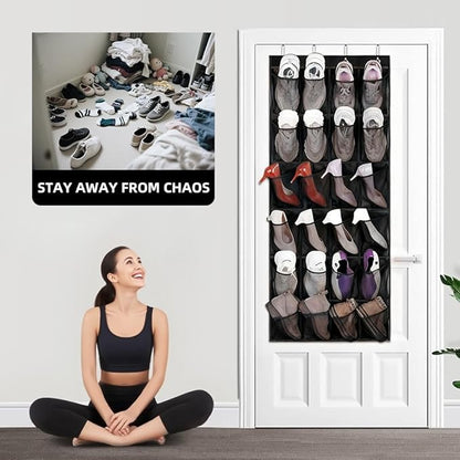 Over the Door Shoe Organizer with 28 Breathable Mesh Pockets - Hangs on Closets for Shoes, Accessories,Back to School Organizer for Dorm Room College Classroom Storage (Black)