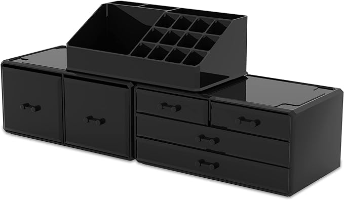 READAEER Makeup Organizer 3 Pieces Cosmetic Storage Case with 6 Drawers (Black)