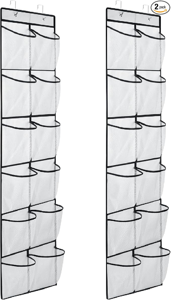 MSLOVE Narrow Over The Door Shoe Organizer, 12 Large Mesh Pockets Hanging Shoe Organizer for Closet Organizers and Storage, White, 2 Pack