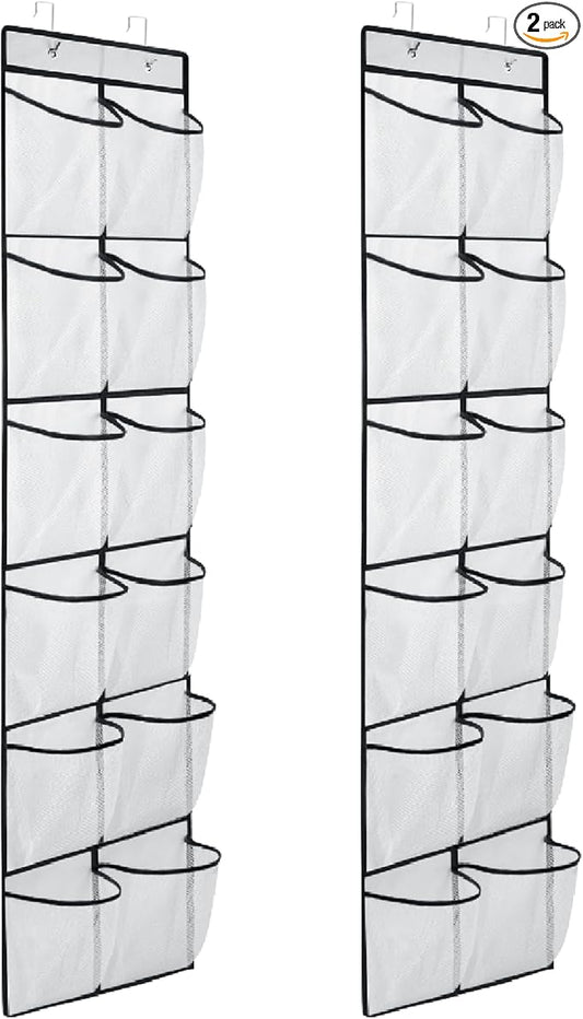 MSLOVE Narrow Over The Door Shoe Organizer, 12 Large Mesh Pockets Hanging Shoe Organizer for Closet Organizers and Storage, White, 2 Pack