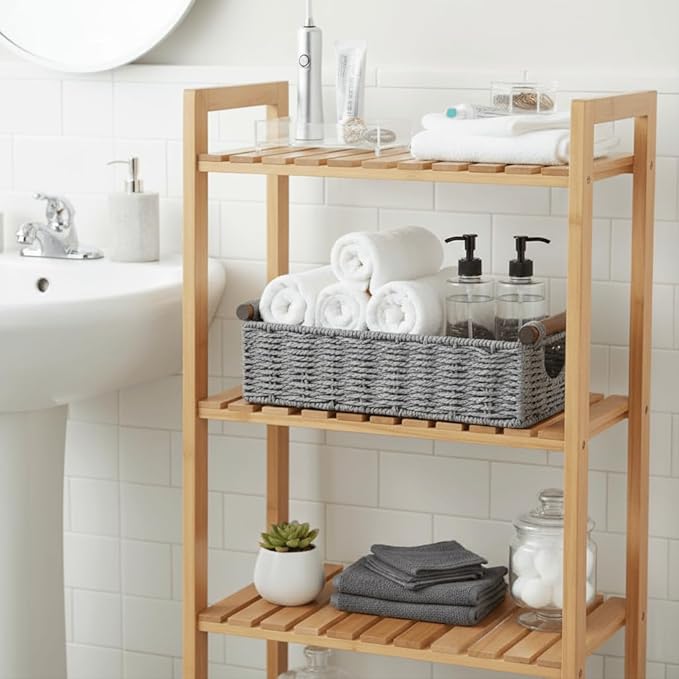 CubesLand Small Wicker Toilet Basket Tray Organizer W/Cut Out Handle, Handwoven Slim Decorative Basket for Countertop, Shelves And for Rustic Home Decor, Living Room, Nursery Organization, Grey