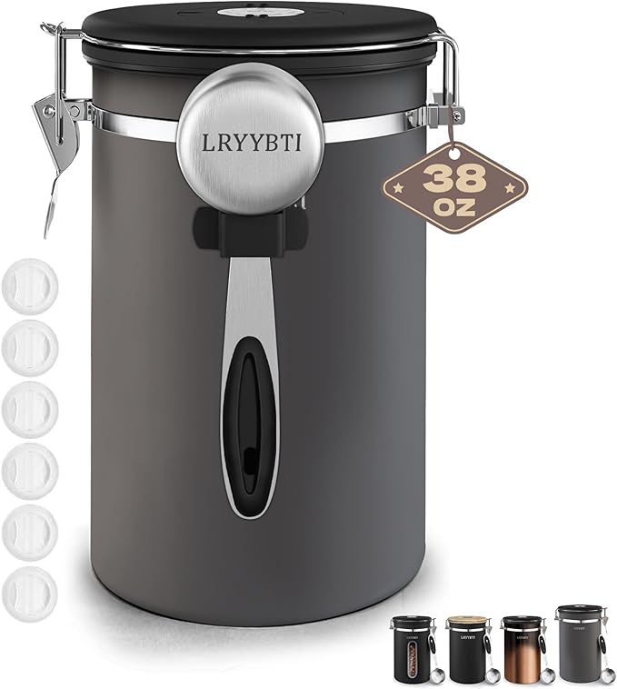 38oz Airtight Coffee Canister,Stainless Steel Coffee Bean Storage Container with Scoop Date Tracker & CO2 Release Valve for Beans, Grounds and more- Gray