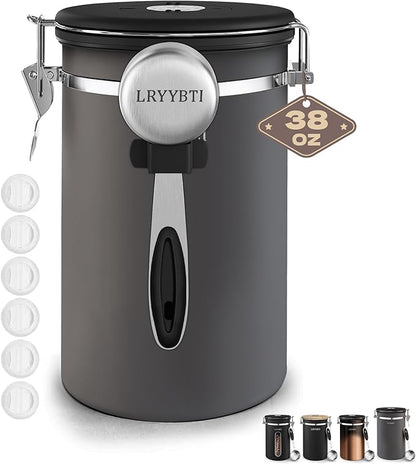38oz Airtight Coffee Canister,Stainless Steel Coffee Bean Storage Container with Scoop Date Tracker & CO2 Release Valve for Beans, Grounds and more- Gray