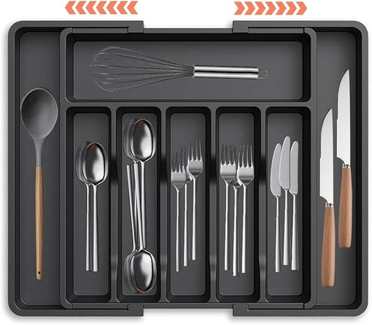 Silverware Drawer Organizer - Expandable Deep Utensil Organizer for Kitchen Drawers(13"-22.4" x 15", Black)