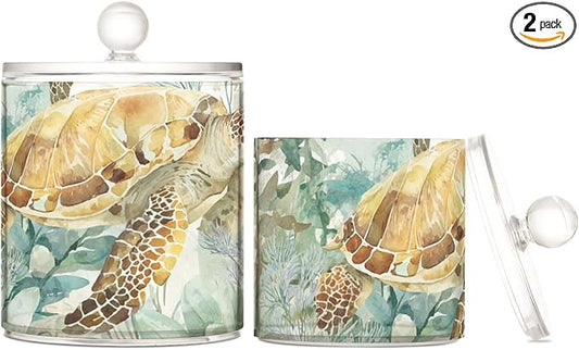 2 Pack Qtip Dispenser Apothecary Jars with Lids Cotton Round Holder Bathroom Canisters for Cotton Swab Floss Ball Pads Clear Plastic Decorative Sea Turtle Starfish Plants