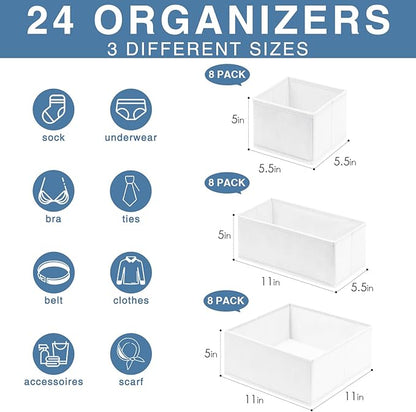 Criusia Drawer Organizer Clothes, 24 Pack Dresser Organizer Bins for Nursery Bedroom, Closet Organization and Storage Dividers for Clothing, Baby Clothes, Underwears, Socks (White)