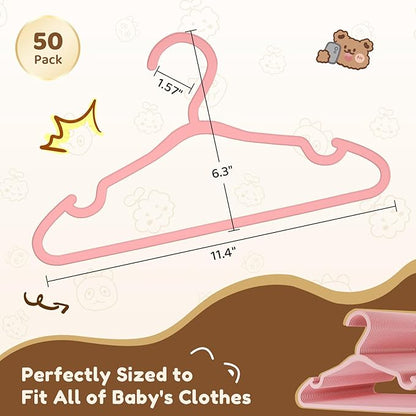VILICK Plastic Kids Hangers - 50 Pack Non-Slip Baby Clothes Hangers for Closet, Toddler & Newborn Clothing Pants, Skirts, Coats (Pink)