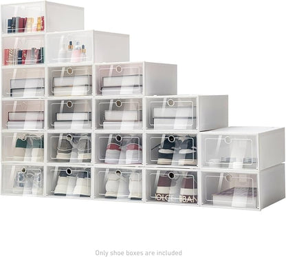 Shoe Storage Box, Plastic Stackable Shoe Organizer Closet with Door, Large Shoe Storage Bins For Closet, Space Saving Shoe Holder Sneaker Display Case Fit up to US Size 10, White, Clear (20 Pack)