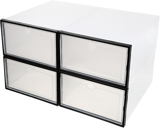 SHINEOFI Thickened Plastic Shoe Storage Boxes 4pcs Waterproof Dustproof Shoes Holder Organizer with Black Frame for Home Closet Storage