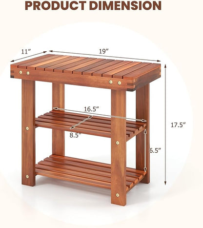 Tangkula Acacia Wood Shoe Rack Bench, 3 Tier Sturdy Bench, Storage Organizer, Holds up to 180lbs for Entryway, Bedroom, Living Room, Balcony, Teak Color (19-inch)