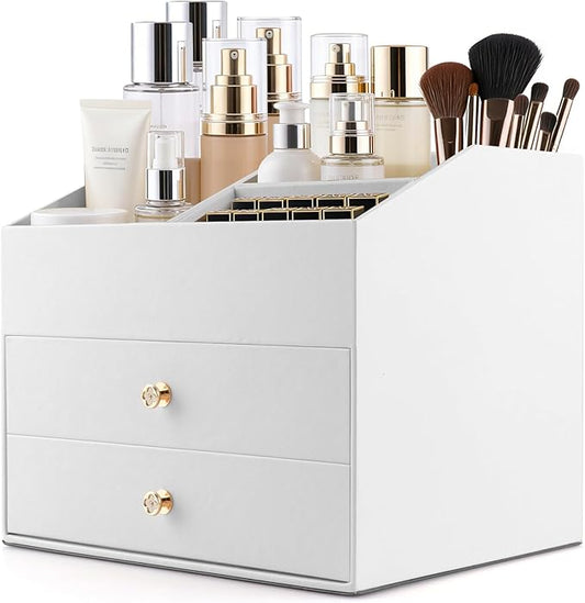 Homeanda Makeup Organizer with Drawers, PU Leather Cosmetic Storage Box Large Cosmetic Display Case for Skincare, Lipstick, Brushes, Bedroom Storage(White)