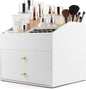 Homeanda Makeup Organizer with Drawers, PU Leather Cosmetic Storage Box Large Cosmetic Display Case for Skincare, Lipstick, Brushes, Bedroom Storage(White)
