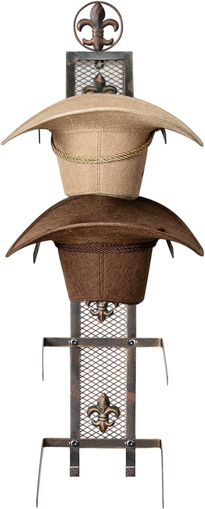 Cowboy Hat Rack for Wall, Metal Fleur-De-Lis Cowboy Hat Holder for 4 Hats, Vertical Western Hat Rack Wall Mount, Rustic Fold-Up Wall Hanging Decorative Hat Racks, 13.8”W x 32.6”H