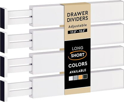 4-Pack Bamboo Drawer Dividers - 12.2 to 17.3 Inches Deep, 2.6 Inches High, Adjustable Expandable Drawer Organizer Dresser Separator for Clothes, Utensils, Kitchen, Bathroom, Office Storage, White