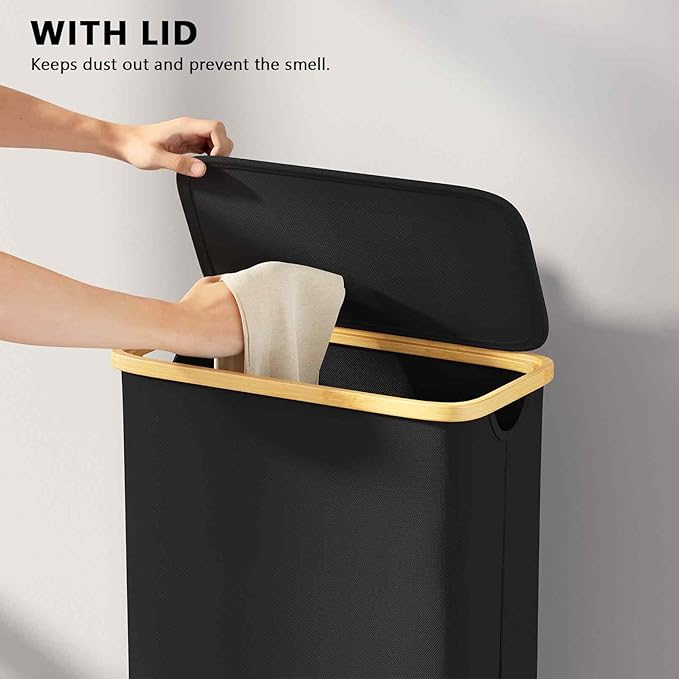 SpaceAid Slim Laundry Hamper with Wheels and Lid,62L Rolling Narrow Clothes Basket with Bamboo Handle, Large Laundry Hamper for Bedroom, Bathroom, Dorm, Laundry Room - Black