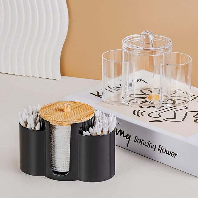3-in-1 Q-Tip Holder for Bathroom – Premium Vanity Organizer Canister with Dustproof Lid for Cotton Swabs, Balls and Pads, Countertop Storage Container（White）
