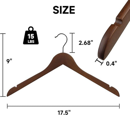 Premium Wooden Top Hangers, Heavy Duty Solid Wood Suit Hangers with 360° Swivel Hook & Anti-Slip Notches, Durable Clothes Hangers for Jackets, Coats, Shirts & Dresses(Walnut/12-Pack)