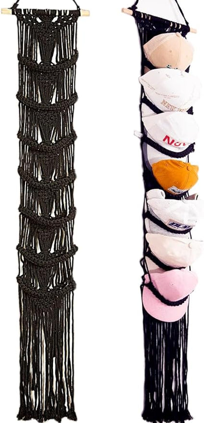 jontell Ball Cap Holder-1 Pack/Up to 14 Caps-Hat Organizer for Baseball Caps Display, Macrame Hat Rack for Wall, Boho Handmade Cap Hanger Over Door (Black)