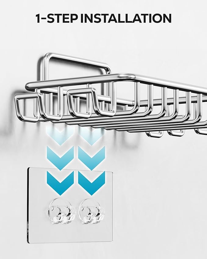 Nieifi Soap Dish,Bar Soap Holder for Shower Wall with 4 Hooks Stainless Steel Adhesive Soap Dish for Bathroom Shower Razor Holder (Silver)