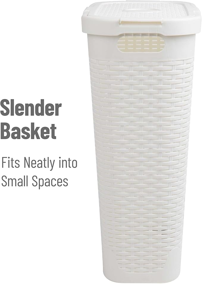 Mind Reader Slim Laundry Hamper with Lid, 40L Clothes Basket, Narrow Tapered Design with Ventilated Cutout Pattern, Plastic, Set of 2, White