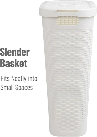 Mind Reader Slim Laundry Hamper with Lid, 40L Clothes Basket, Narrow Tapered Design with Ventilated Cutout Pattern, Plastic, Set of 2, White