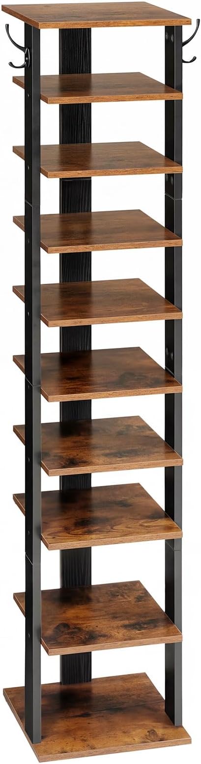 HOOBRO 10 Tiers Vertical Shoe Rack, Wooden Shoe Storage Organizer with Hooks, Narrow Shoe Tower for 10 Pairs, Space Saving, for Entryway, Living Room, Bedroom, Rustic Brown BF141XJ01