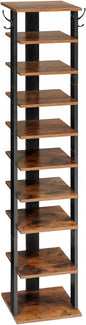 HOOBRO 10 Tiers Vertical Shoe Rack, Wooden Shoe Storage Organizer with Hooks, Narrow Shoe Tower for 10 Pairs, Space Saving, for Entryway, Living Room, Bedroom, Rustic Brown BF141XJ01