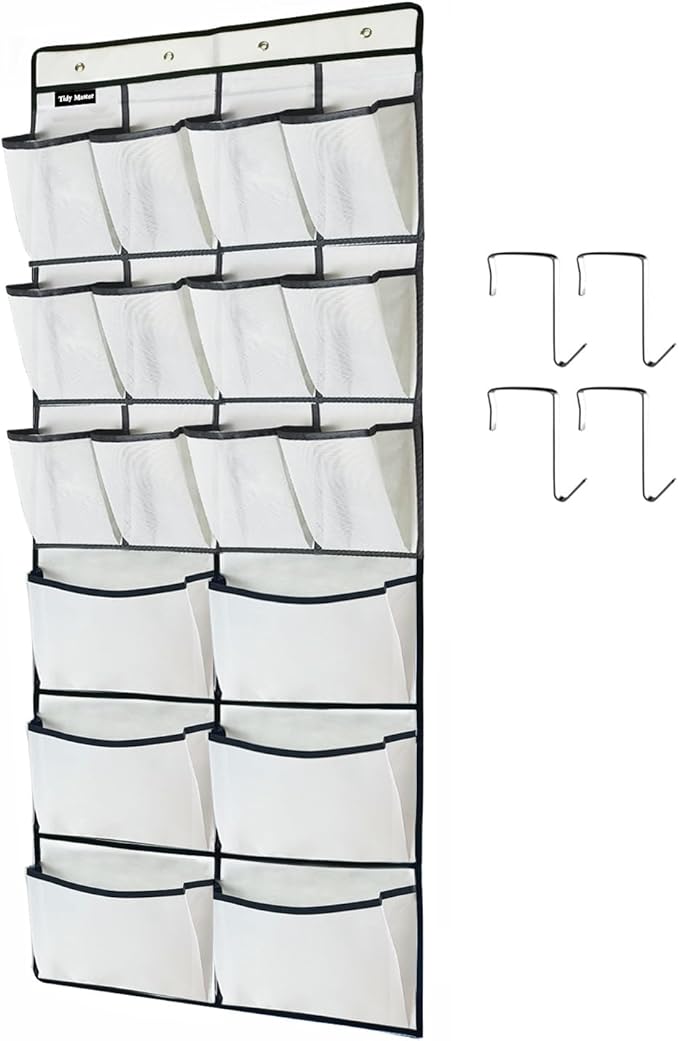 1 Pack Extra Large Hanging Over Door Shoe Organizers, Hanging Storage Shoe Rack for Closet, with 4 Hooks Shoes Holder for Closet Bedroom, 12+6Pockets White (59 x 21.6 inch)