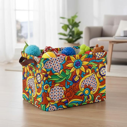Mexican Talavera Storage Basket Waterproof Canvas Toy Storage Bin Mexican Decor Collapsible Outdoor Basket with Leather Handles Talavera Decor Blanket Baskets For Closets,Bedrooms,Gifts Baskets