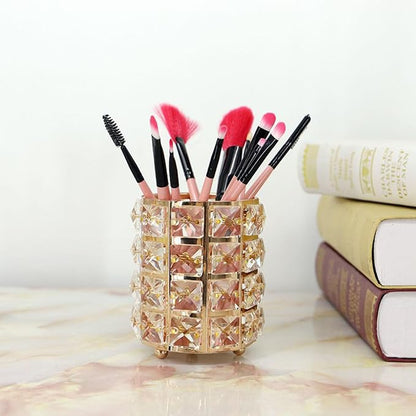 1 PC Cosmetic Display Case with Gold Crystals - Makeup Brush Holder Organizer for Brushes, Combs & Remote Control (Gold)