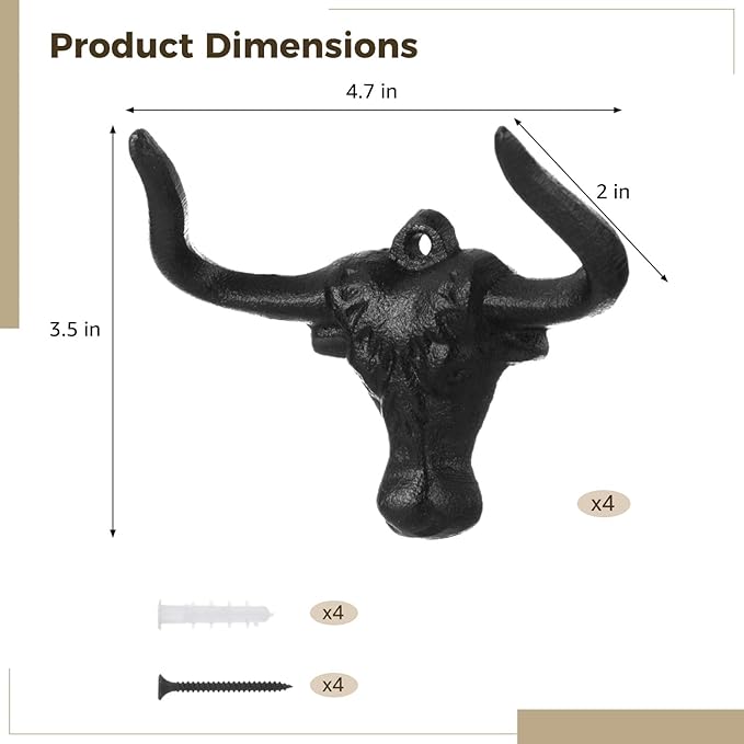 Homaisson 4 PCS Cowboy Hat Rack for Wall, Cast Iron Bull Head Hook with Longhorn, Vintage Hat Holder, Rustic Wall Coat Hanger