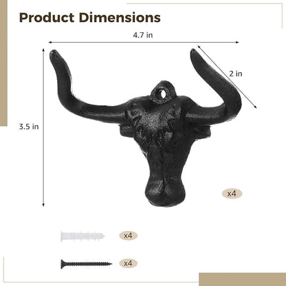 Homaisson 4 PCS Cowboy Hat Rack for Wall, Cast Iron Bull Head Hook with Longhorn, Vintage Hat Holder, Rustic Wall Coat Hanger