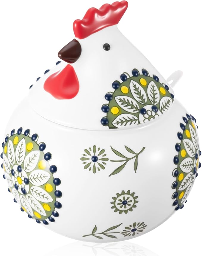 Ceramic Salt Cellar with Lid and Spoon, 13 oz Large Chicken Salt Jar, Chicken Sugar Containers for Countertop, Decorative Kitchen Holder for Coffee, Pepper, Seasonings, Spices, Candy(Green)