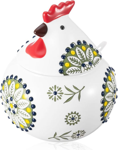Ceramic Salt Cellar with Lid and Spoon, 13 oz Large Chicken Salt Jar, Chicken Sugar Containers for Countertop, Decorative Kitchen Holder for Coffee, Pepper, Seasonings, Spices, Candy(Green)
