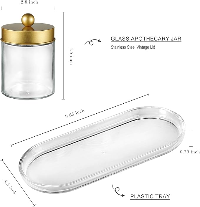 SheeChung 3-Pack Glass Apothecary Jars with Acrylic Vanity Tray - Bathroom Organizer Set for Qtip, Cotton Ball, Floss Picks - Luxury Style Bathroom Accessories Storage Canister（Gold)