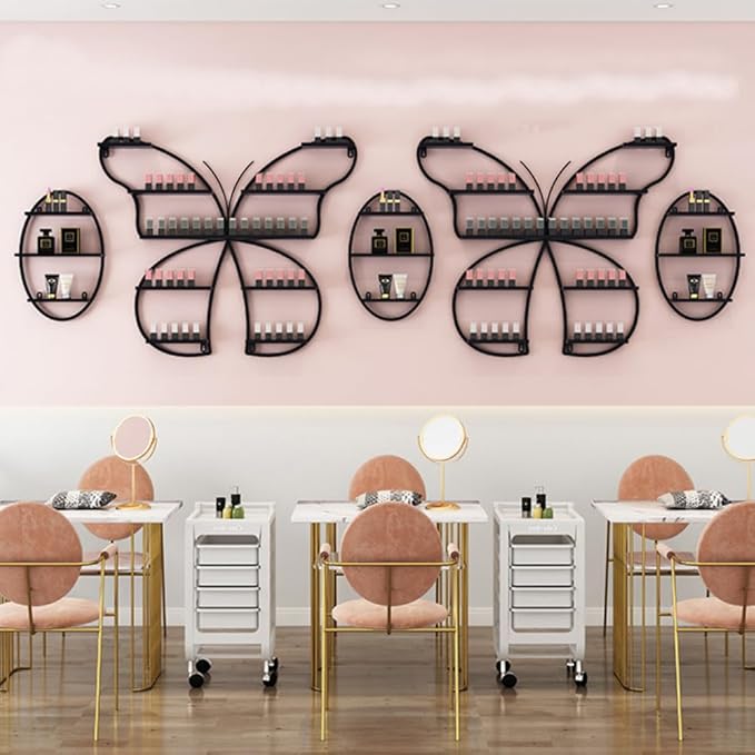Butterfly Wall-Mounted Nail Polish Rack Set of 5-11LBs/Rack Capacity, Adjustable Cosmetic Display for Salon & Home Spa (Black)