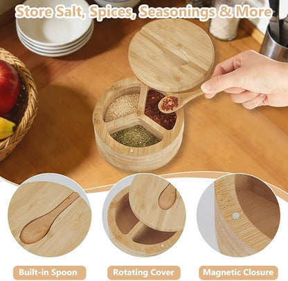 2pcs Wood Salt and Pepper Box 3 Compartment Salt Cellar with Swivel Lid and Built in Spoon for Countertop Spice Seasoning Condiment Jar Pepper Holder Bowl for Kitchen Storing Sugar Herbs