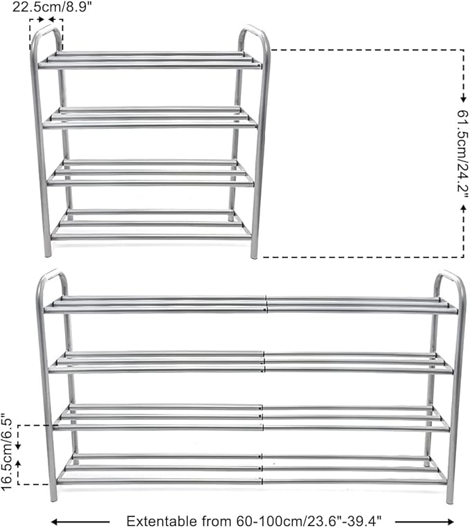 4 Tier Extendable Long Shoe Rack for Closet Shoe Organiser Strong and Sturdy Heavy Duty Metal Shoe Shelf Holds 20+ Pairs (60-100) x 22,5 x 61,5 cm
