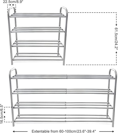 4 Tier Extendable Long Shoe Rack for Closet Shoe Organiser Strong and Sturdy Heavy Duty Metal Shoe Shelf Holds 20+ Pairs (60-100) x 22,5 x 61,5 cm